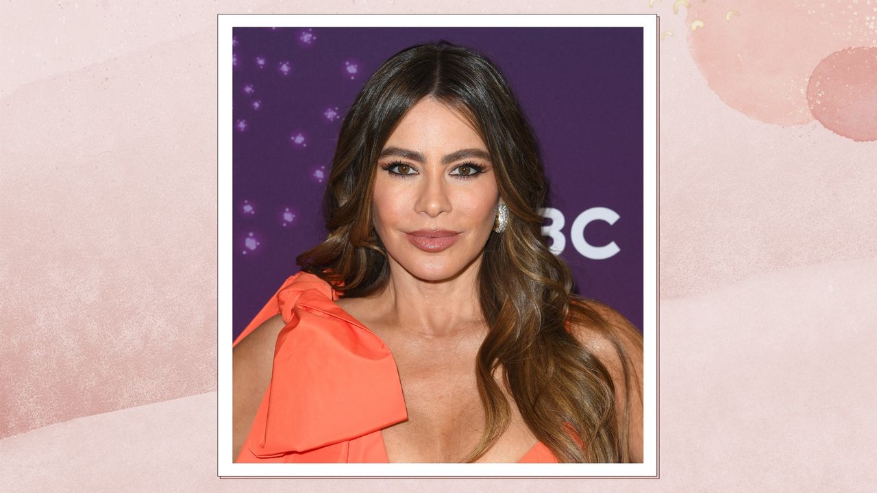 Sofia Vergara is pictured with her brunette hair in loose, glossy waves whilst at the &quot;America&#039;s Got Talent&quot; Season 19 Finale Performances Red Carpet at Hotel Dena on September 17, 2024 in Pasadena, California/ in a pink watercolour paint style template