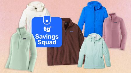 A variety of colored outdoors apparel on a pink and orange background with a blue Tom's Guide Savings Squad badge in the left-middle