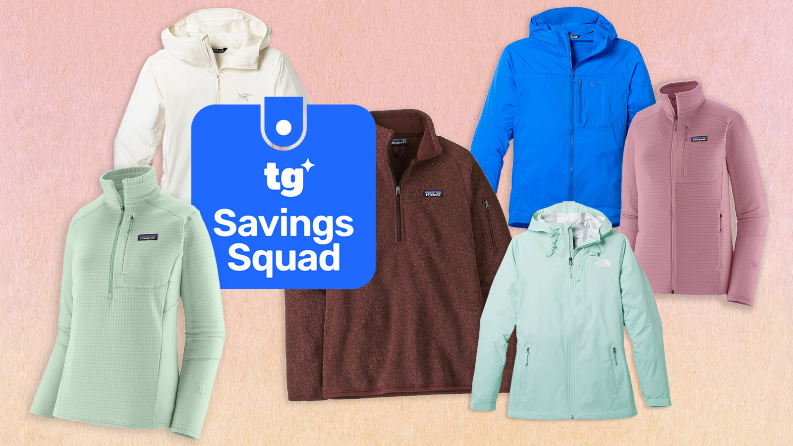 A variety of colored outdoors apparel on a pink and orange background with a blue Tom's Guide Savings Squad badge in the left-middle