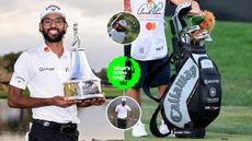 Akshay Bhatia holds a trophy, a close up of his bag and numerous pictures of him using clubs