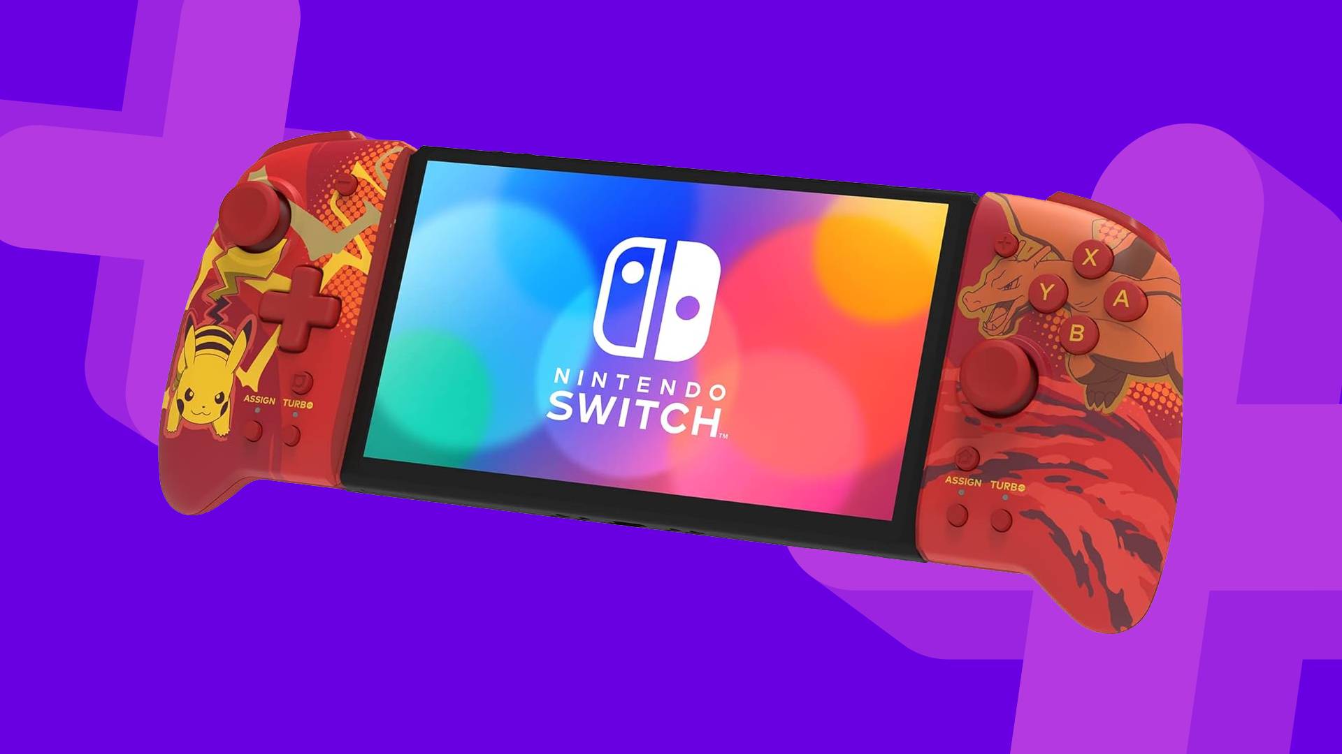 Hori Split Pad Pro Pikachu and Charizard edition with purple backdrop.
