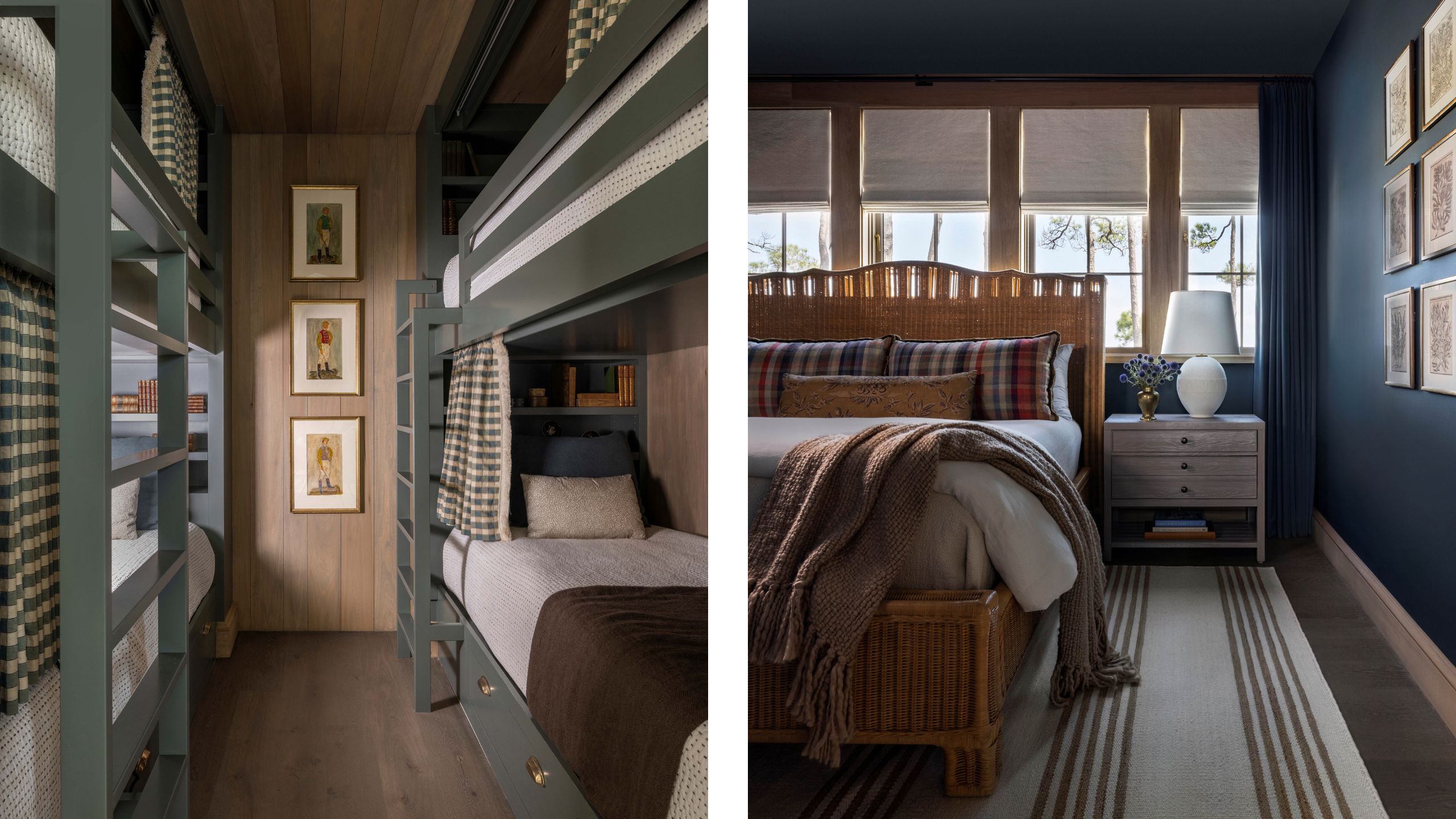 two side by side images of a soft green bunk room next to a deep blue guest room with a wall of window and woven bed