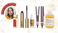 Collage of the best Black Friday beauty deals (L-R) Maison Francis Kurkdjian Baccarat Rouge 540, Hourglass mascara, Caudalie self-tan face drops, Dyson Airstrait, Davines Dede Shampoo, on a gold marble background