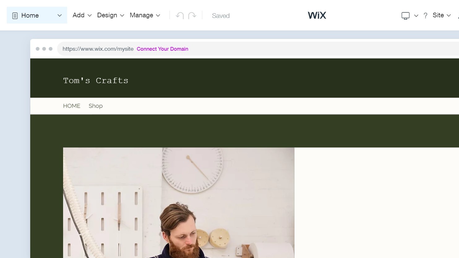 Creating a website for 'Tom's Crafts' in Wix's editor