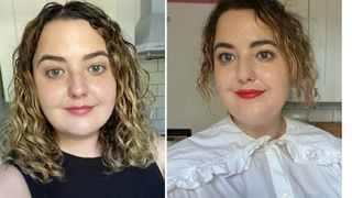 Two shots of Beauty Editor Rhiannon Derbyshire, one with bare skin and lighter brows, one post-ay home eyebrow tinting, with better defined brows