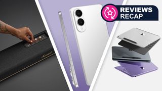 A triptych image featuring the Marshall Heston 120, Samsung Galaxy S25 Edge and Microsoft Surface 12 Pro.