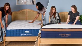 Side by side images of two women unboxing the Bear Elite Hybrid mattress and two women sitting on Brooklyn Bedding CopperFlex mattress 