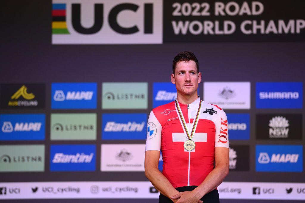 WOLLONGONG AUSTRALIA SEPTEMBER 18 Silver medalist Stefan Kung of Switzerland poses disappointed on the podium during the medal ceremony after the 95th UCI Road World Championships 2022 Men Individual Time Trial a 342km individual time trial race from Wollongong to Wollongong Wollongong2022 on September 18 2022 in Wollongong Australia Photo by Tim de WaeleGetty Images