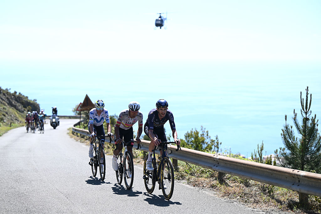 CHIAVARI, ITALY - MAY 20: (L-R) Enric Mas of Spain and Team Movistar, Jhonatan Narvaez of Ecuador and UAE Team Emirates - XRG and Chris Harper of Australia and Team Pinarello Q36.5 Pro Cycling compete in the breakaway during the 109th Giro d&amp;amp;apos;Italia 2026, Stage 11 a 195km stage from Porcari to Chiavari / #UCIWT / on May 20, 2026 in Chiavari, Italy. (Photo by Dario Belingheri/Getty Image)