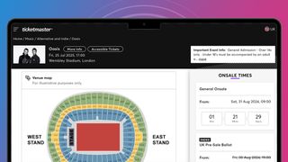 A laptop screen on a pink and blue background showing an Oasis tickets page on Ticketmaster