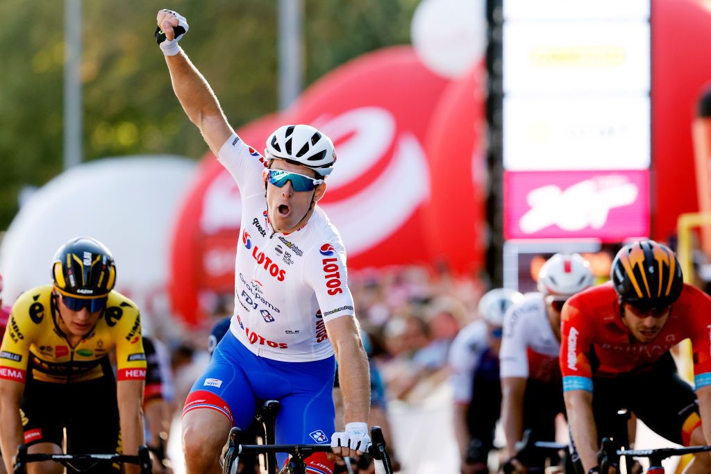 KRAKOW POLAND AUGUST 05 Arnaud Demare of France and Team Groupama FDJ White Sprint Jersey celebrates winning during the 79th Tour de Pologne 2022 Stage 7 a 1778km stage from Valsir to Krakow TdP22 WorldTour on August 05 2022 in Krakow Poland Photo by Bas CzerwinskiGetty Images
