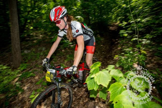 Under 25 women&rsquo;s winner Donna Miller (Team TSEpic.com/NoTubes) racing during the 2013 Stan&rsquo;s NoTubes Trans-Sylvania Epic mountain bike stage race.