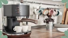 an espresso machine in a home kitchen with two mugs to ask can you clean a coffee machine with vinegar