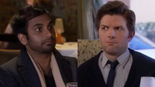 From left to right: Aziz Ansari looking wide-eyed as Tom and Adam Scott as Ben looking scared.