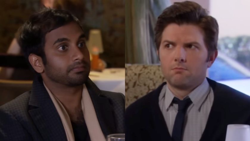 From left to right: Aziz Ansari looking wide-eyed as Tom and Adam Scott as Ben looking scared. 