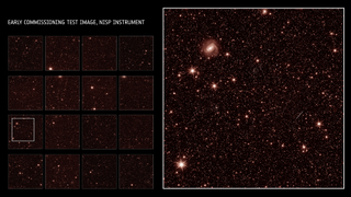 Millions of red stars and galaxies twinkle in this infrared test image on Euclid's science instruments