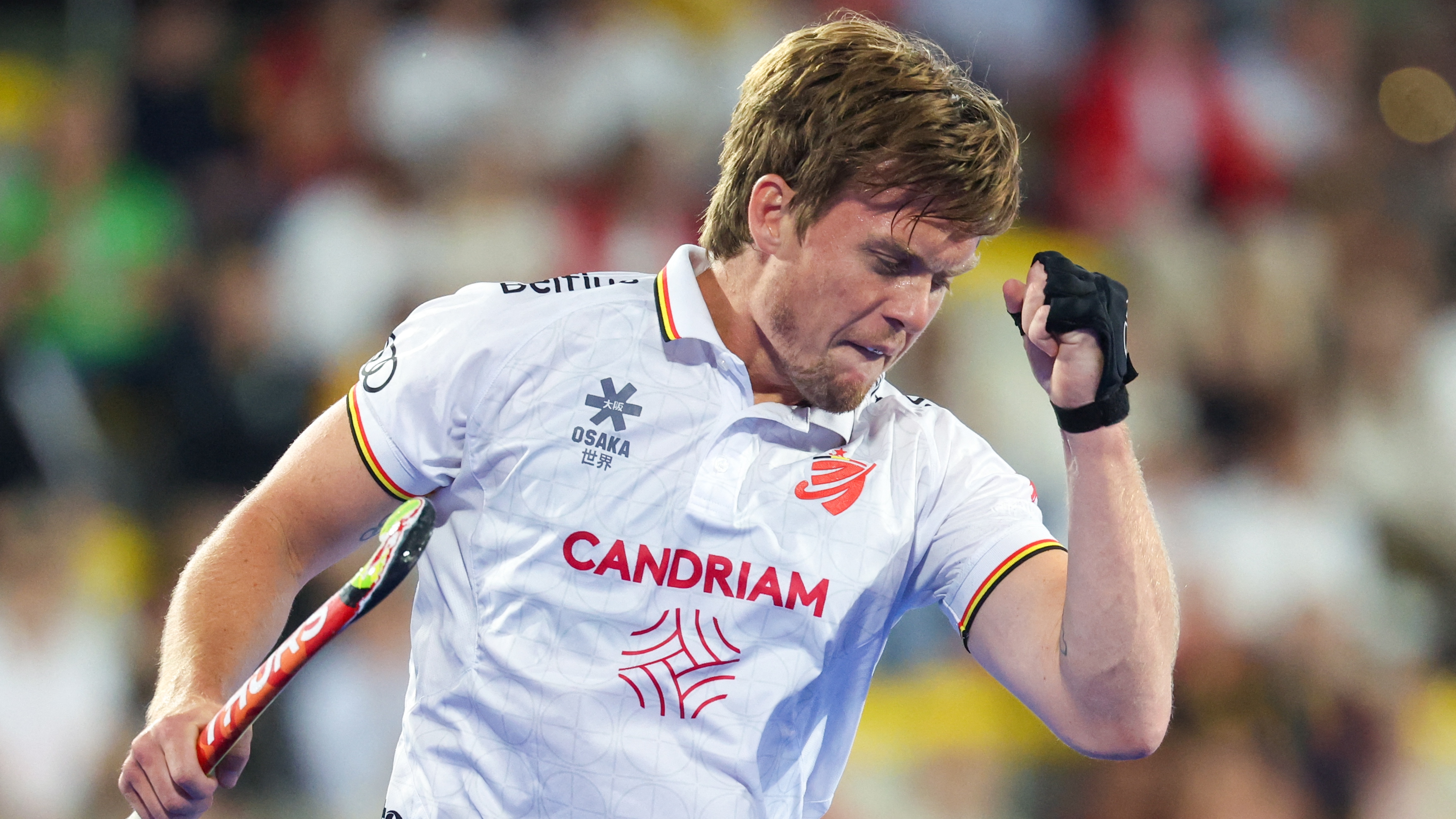 Belgium's Tom Boon celebrates during a hockey game between Belgian national team Red Lions and Spain