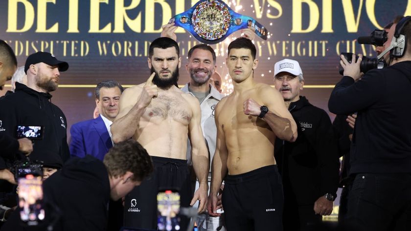 Artur Beterbiev and Dmitrii Bivol face off during the weigh-in as part of Beterbiev v Bivol 2: The Last Crescendo at on February 21, 2025 in Riyadh, Saudi Arabia.