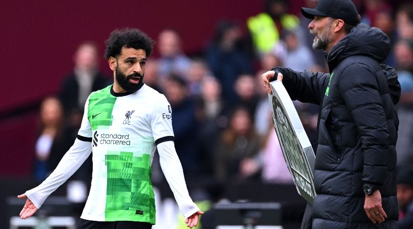 Mohamed Salah and Jurgen Klopp clash during Liverpool&#039;s draw at West Ham in the Premier League in April 2024.