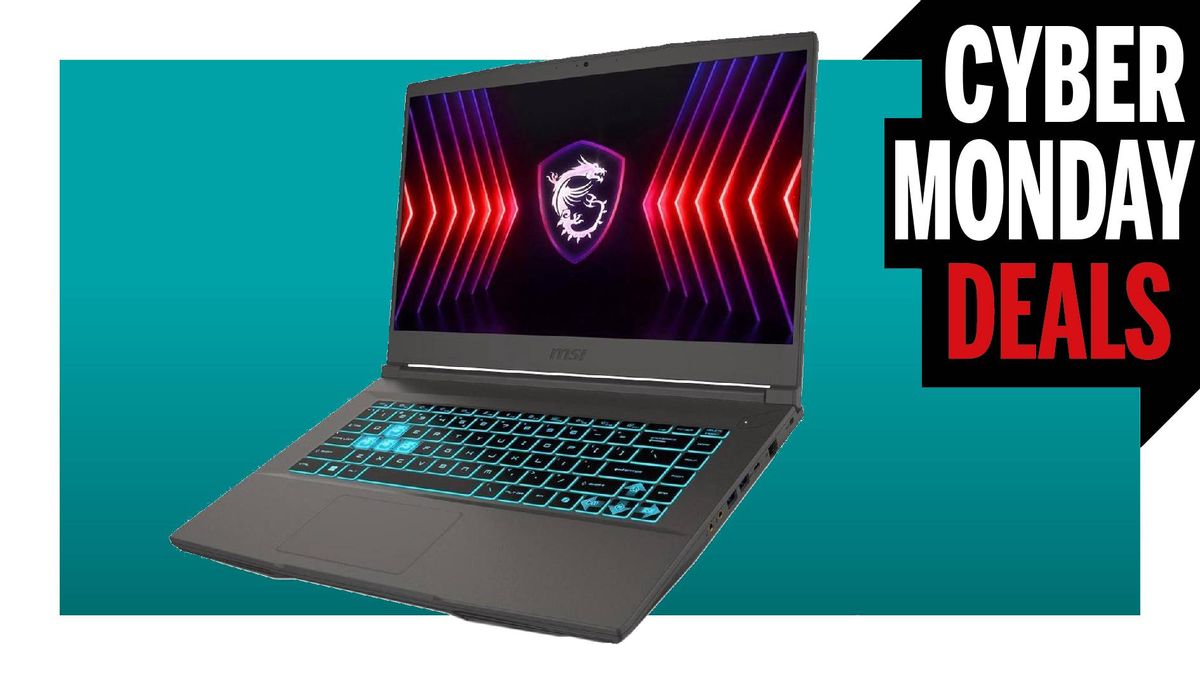 MSI Thin gaming laptop on a blue background with Cyber Monday Deals logo