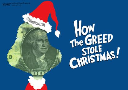 Editorial cartoon U.S. Christmas American greed