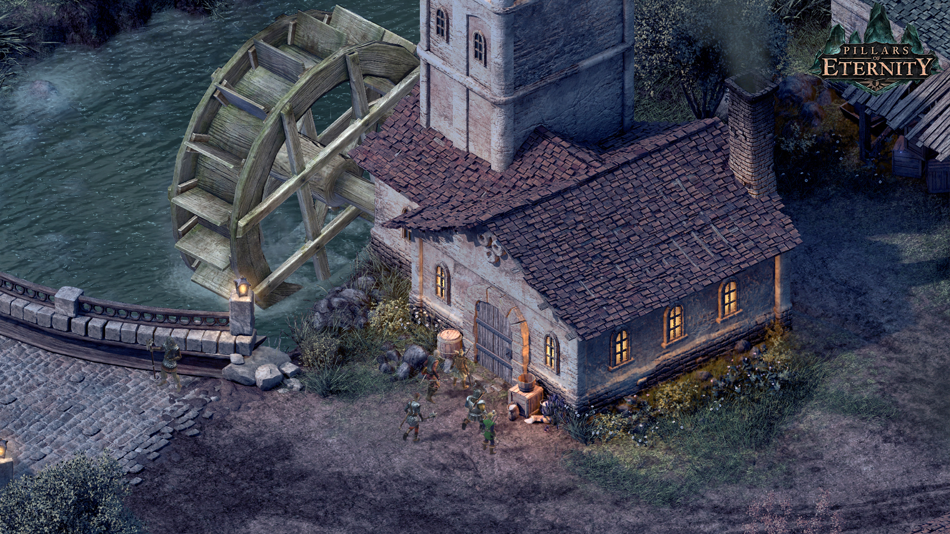 A lit house and a water mill in Pillars of Eternity