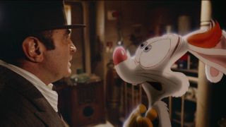 Roger Rabbit looks up pleading with Bob Hoskins in Who Framed Roger Rabbit.