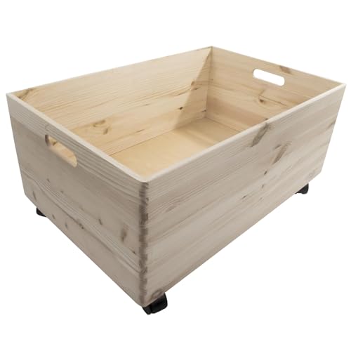 Woodeedoo Extra-Large Deep Wooden Storage Box With Wheels and Handles &amp;ndash; Open-Top Crate Container for Toys Tools Crafts or Household Organisation &amp;ndash; Unfinished Diy-Ready Wood &amp;ndash; 59.5 X 39.5 X 28.5 Cm