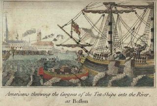 An engraving of the Boston Tea Party from a 1789 book.