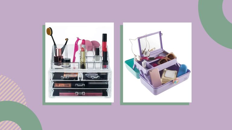 A couple of the best makeup organizers against a purple background