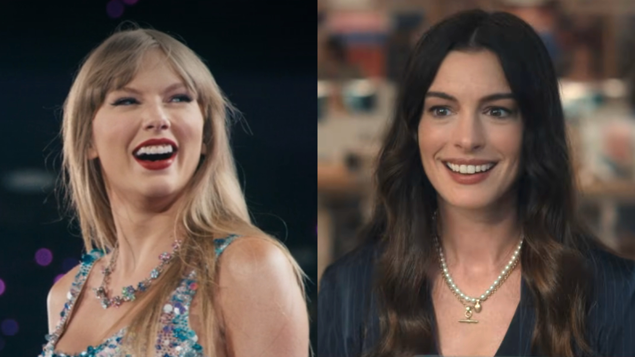 Taylor Swift performing on her Eras Tour, Anne Hathaway in The Devil Wears Prada 2.