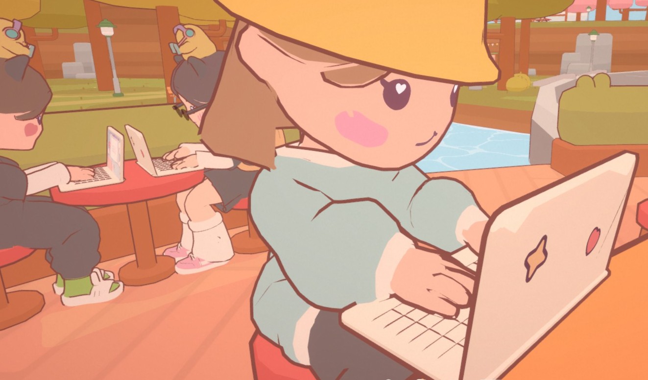 On-Together: Three players work on their laptops in a pastel 3D cafe space