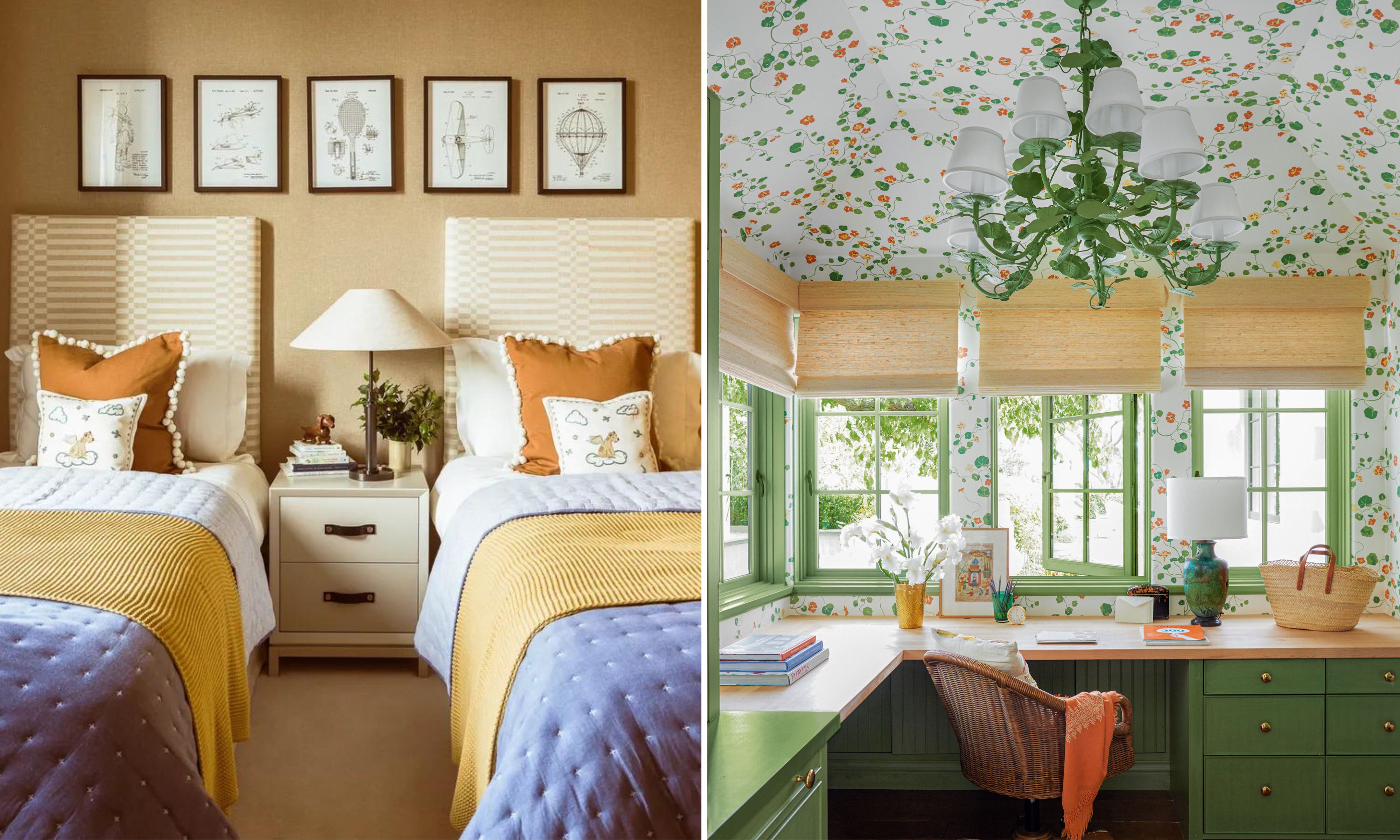 A side-by-side comparison of two vibrantly styled interior spaces featuring a warm, traditional aesthetic. The left panel shows a cozy bedroom with twin beds featuring checkered headboards, mustard-yellow knit throws over blue quilted coverlets, and burnt-orange pillows with white pom-pom trim. Above the beds, a series of five framed vintage-style diagrams hangs on a tan grasscloth wall. The right panel displays a sunlit home office or study with a built-in L-shaped wooden desk and sage-green cabinetry. The walls and ceiling are covered in a whimsical floral wallpaper of green vines and orange blossoms, complemented by a large green leaf-shaped chandelier and natural woven Roman shades over a row of windows.