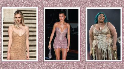 Vanessa Kirby, Hailey Bieber and Lizzo wearing glitter dresses in a pink glitter, three-picture template