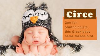 Sleeping baby with a knitted bird hat on to demonstrate animal-inspired name Circe