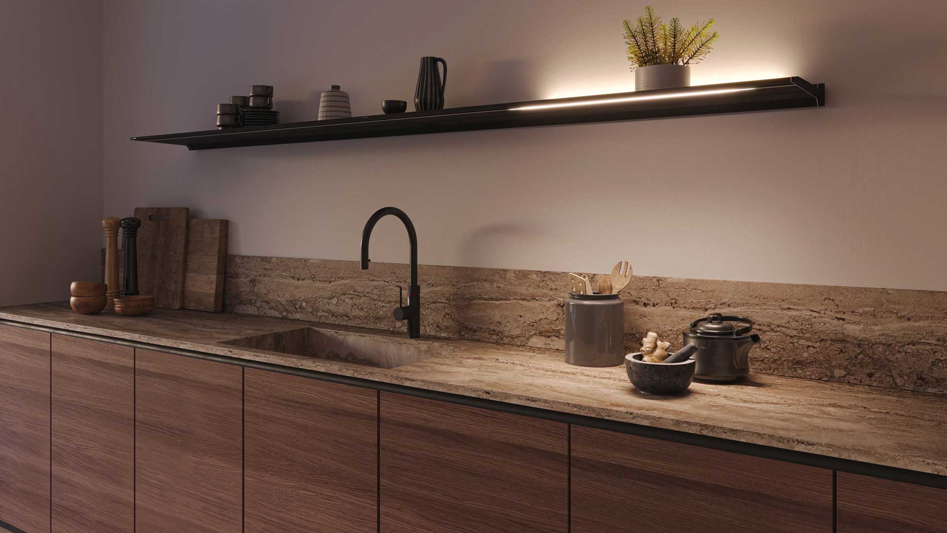 modern wooden kitchen with accent lighting