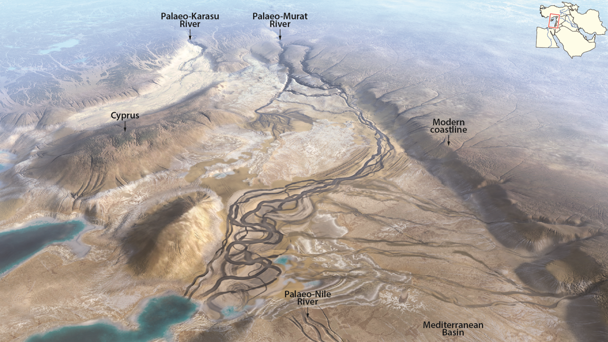 Reconstruction of paleo-rivers flowing into the eastern Mediterranean Sea around 5.4 million years ago. We see that the eastern Mediterranean Sea was mostly desiccated.