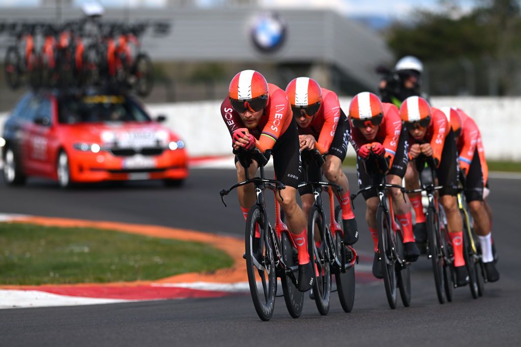 COULANGESLESNEVERS FRANCE MARCH 11 Thymen Arensman of The Netherlands Tobias Svendsen Foss of Norway Bob Jungels of Luxembourg Magnus Sheffield of The United States Ben Swift of The United Kingdom Joshua Tarling of The United Kingdom Samuel Watson of The United Kingdom and Team INEOS Grenadiers compete during the 83rd Paris Nice 2025 Stage 3 a 284km team time trial stage from Circuit Nevers MagnyCours to Nevers UCIWT on March 11 2025 in CoulangeslesNevers France Photo by Dario BelingheriGetty Images