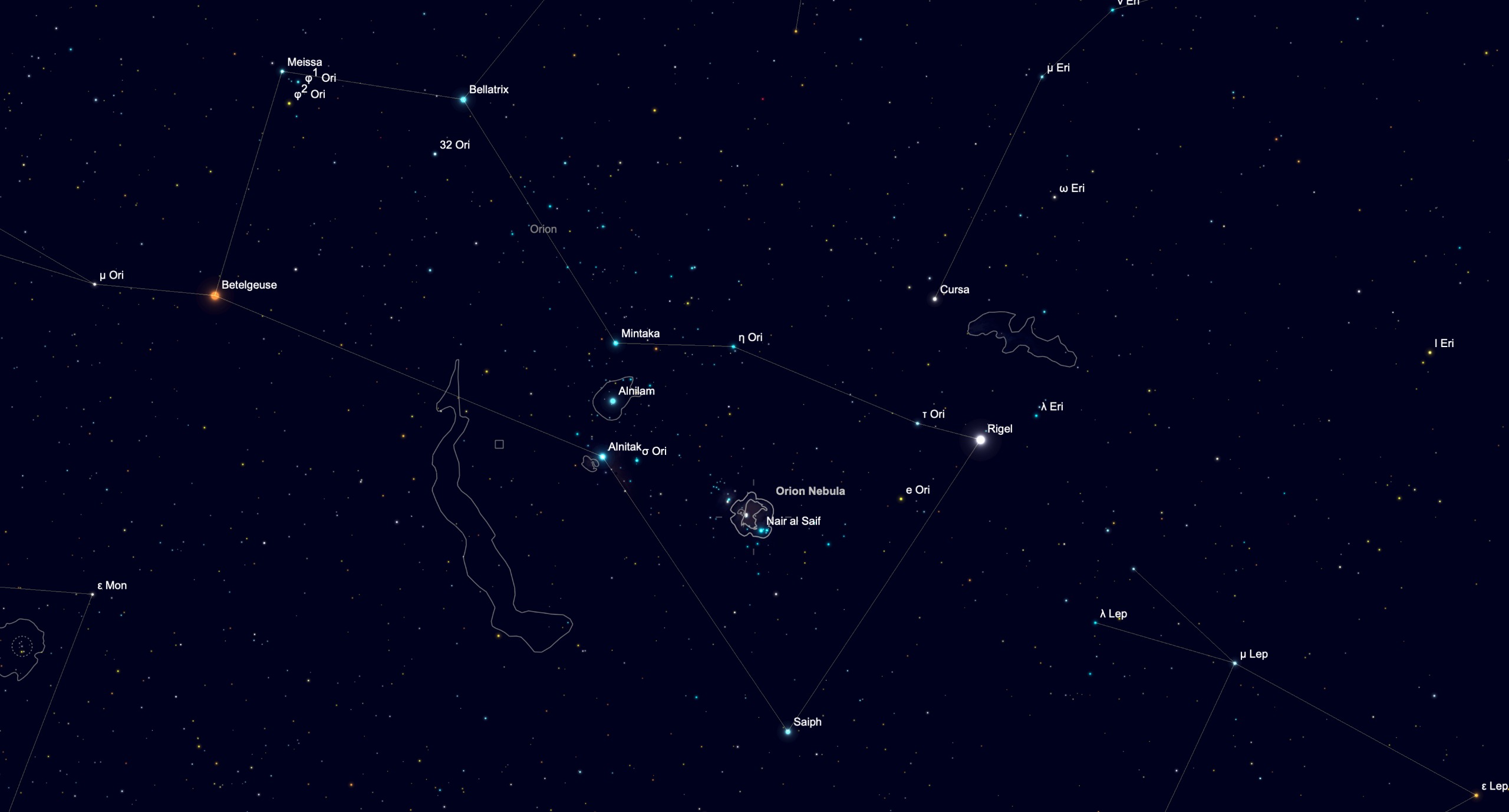Star chart showing the Orion Nebula in Orion's Sword beneath the belt stars Alnitak, Alnilam and Mintaka.