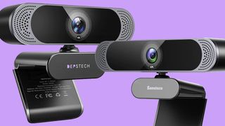 Cheap webcams on Amazon against a lilac background