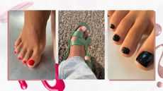 A collage of timeless pedicure colours: on the left, a red pedicure by nail artist Milly Mason (@millymason_), in the middle, is a French tip pedicure by Julia Diogo(@paintedbyjools) and on the right, is a black pedicure, again by Milly Mason/ featured in a white template with nail polish spills