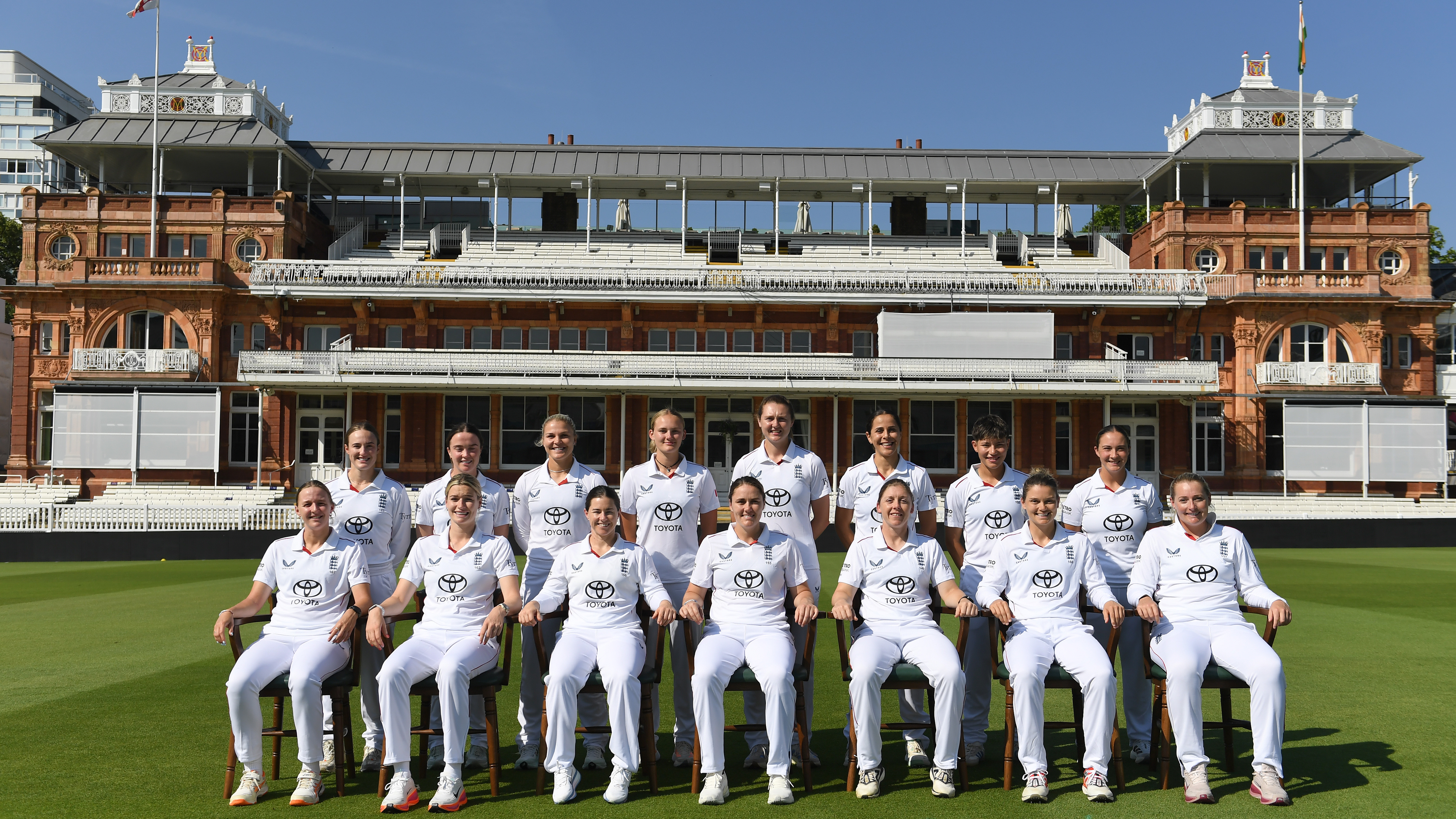 England captain Nat Sciver-Brunt and the England Women's Test squad pose for a team photograph in front of the Lord's Pavilion