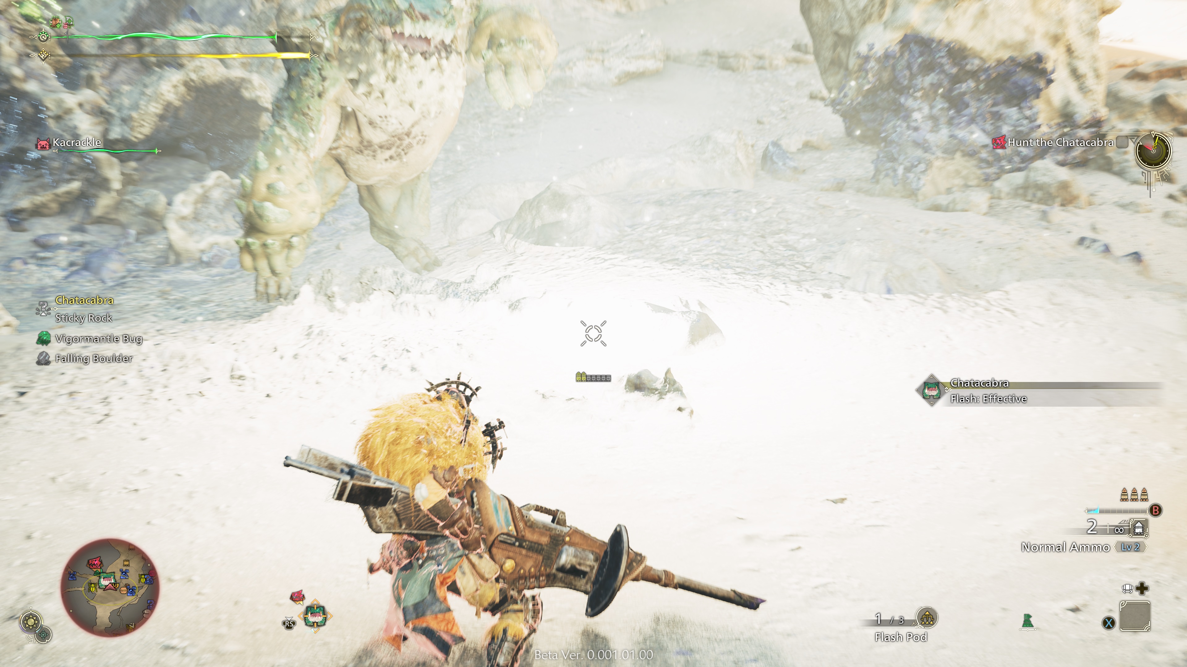 In-game screenshot of a player blinding a monster with a Flash Pod in Monster Hunter Wilds