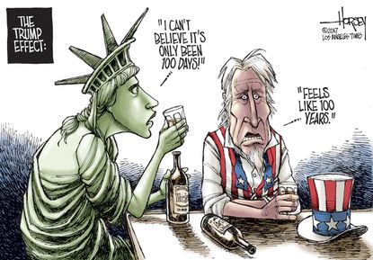 Political Cartoon U.S. Trump 100 days Uncle Sam Statue of Liberty