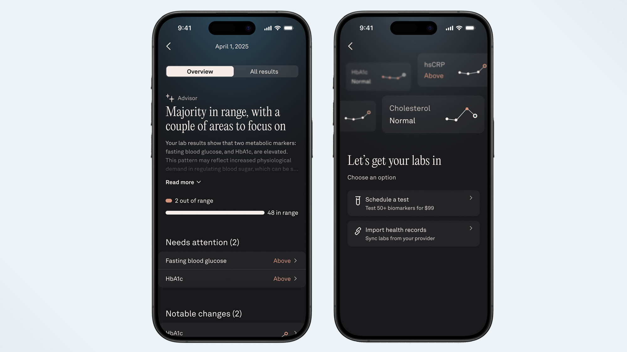 screenshots of the Oura Lab Test feature