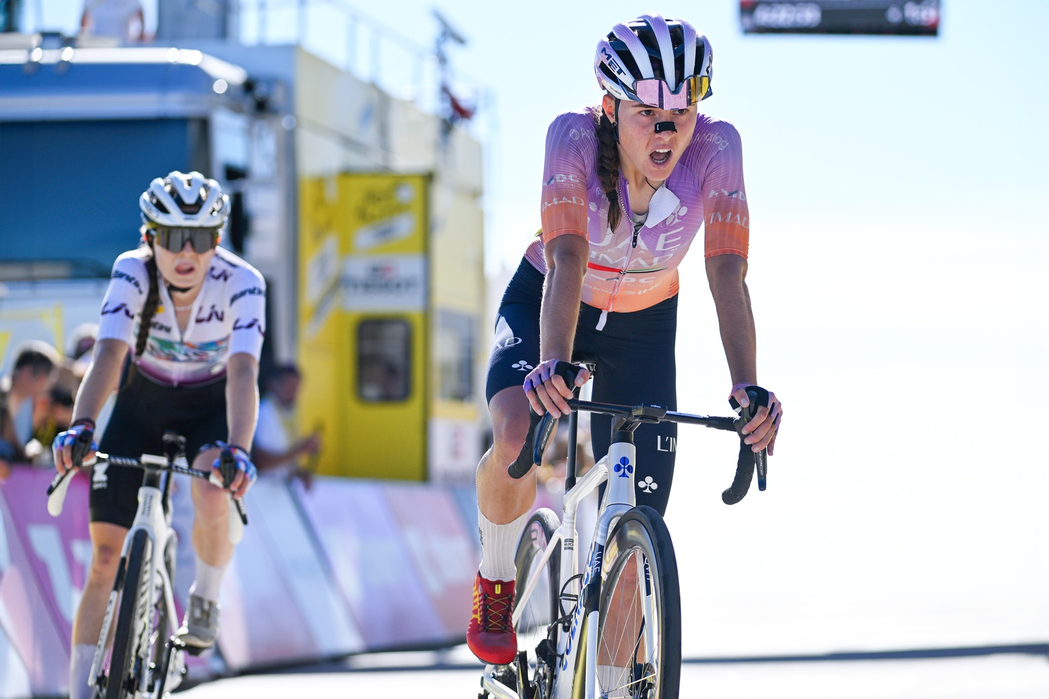 MONT VENTOUX, FRANCE - AUGUST 07: Paula Blasi Cairol of Spain and UAE Team L'IMAD crosses the finish line during the 5th Tour de France Femmes 2026, Stage 7 a 146.8km stage from La Voulte-sur-Rhone to Mont Ventoux 1901m / #UCIWWT / on August 07, 2026 in Mont Ventoux, France. (Photo by Tim de Waele/Getty Images)
