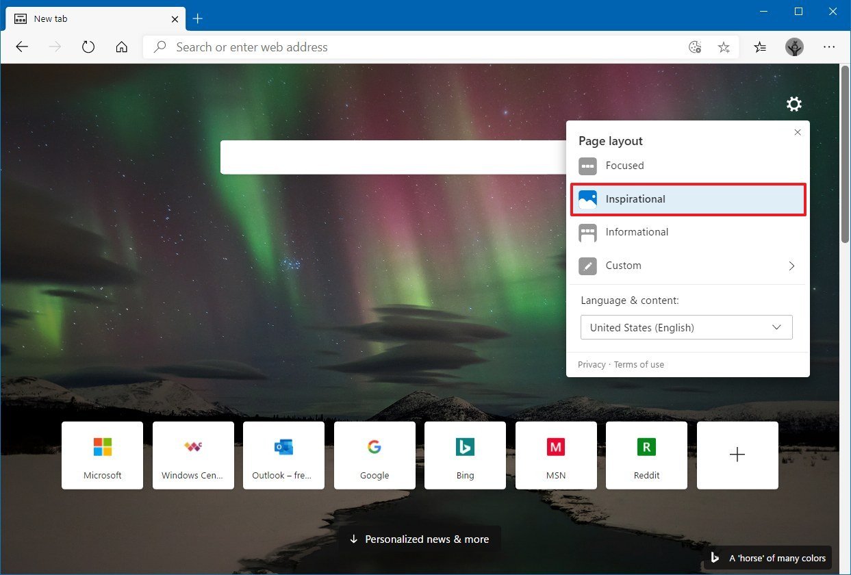 Microsoft Edge Inspirational new tab option