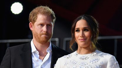 Britain's Prince Harry and Meghan Markle speak during the 2021 Global Citizen Live festival at the Great Lawn, Central Park on September 25, 2021 in New York City.