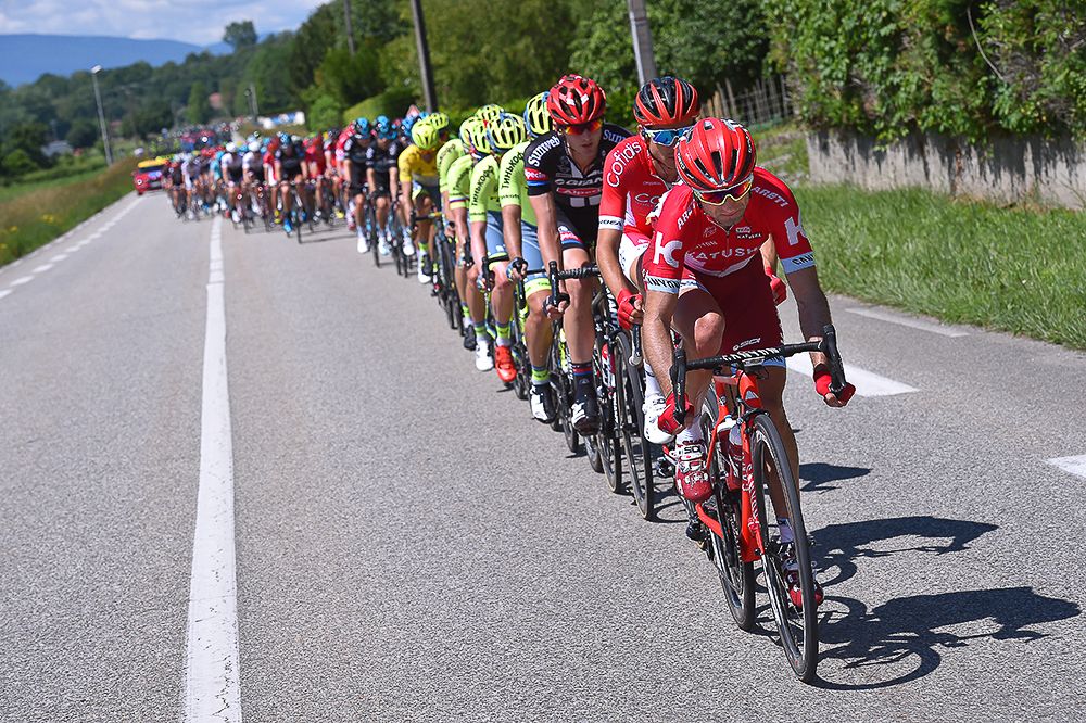 Katusha drive the peloton during stage 1 at Criterium du Dauphine