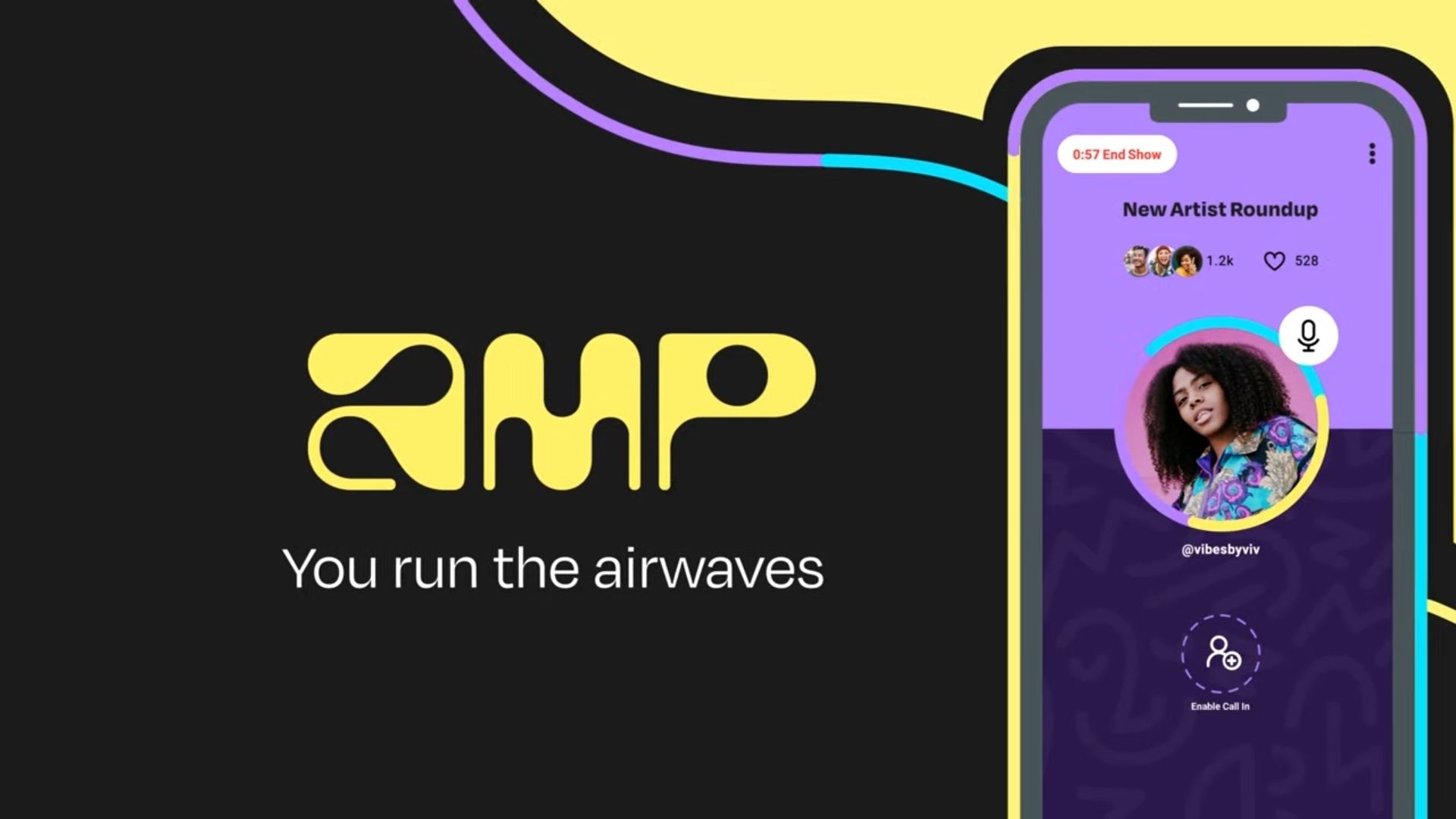 A radio show playing on the Amp app on a smartphone next to the Amp logo